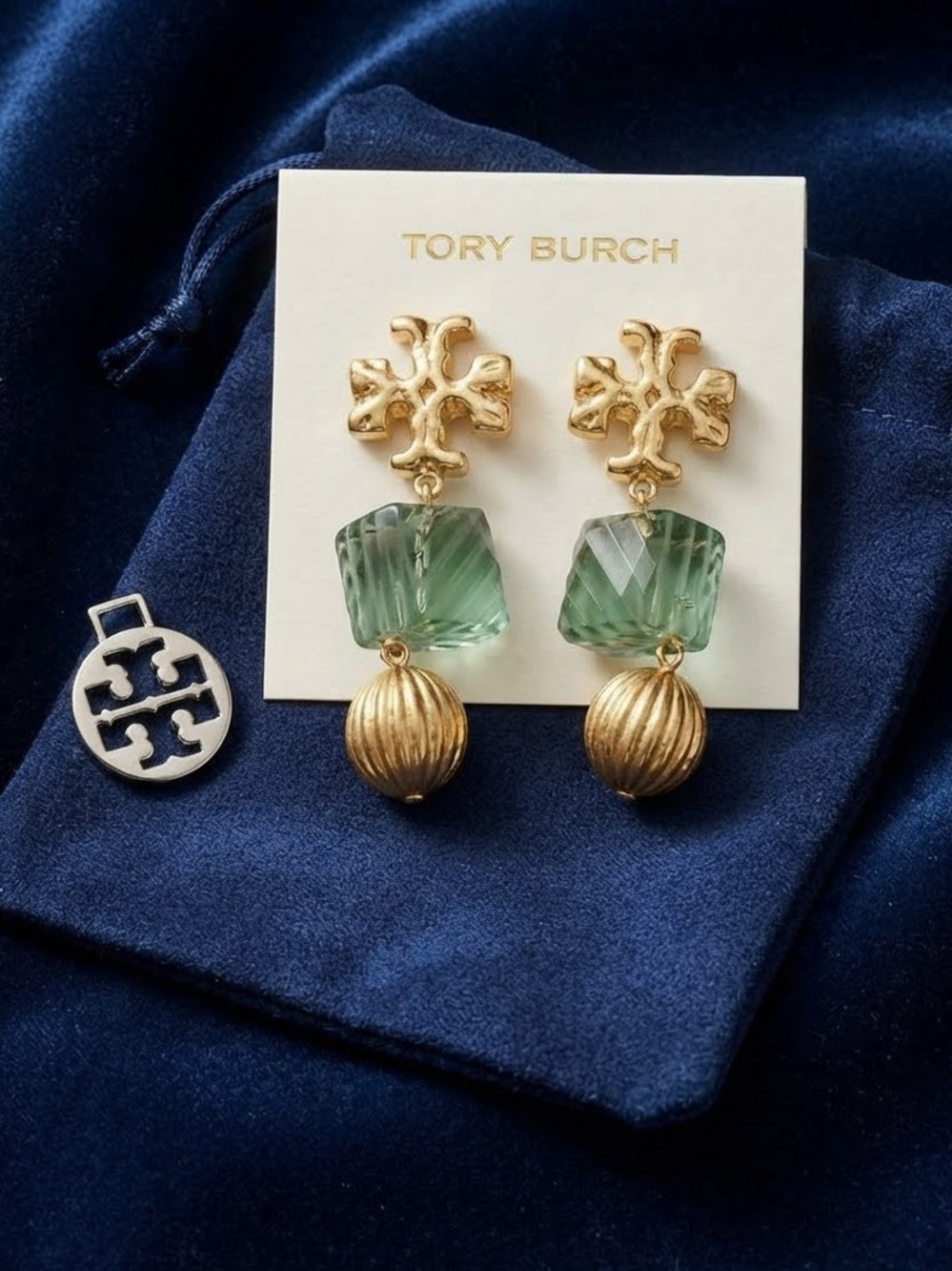 Tory Burch Gold Double T Green Resin Stone Drop Statement Earrings